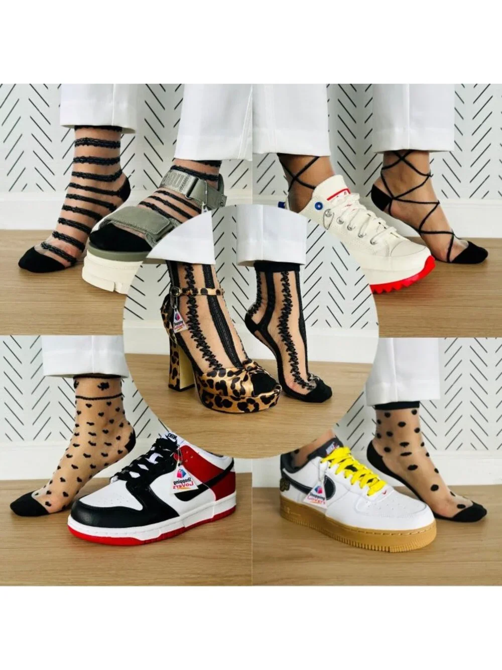 ⭐New Women Socks 5 Pairs Transparent Silk Elastic Mesh Elegant Multi design Fun⭐